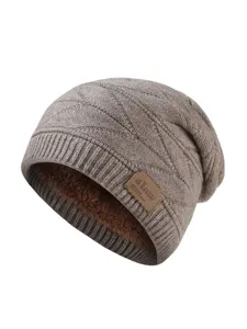 Winter warm knitted beanie for men and women, fleece lined slouchy hat with leather patch.