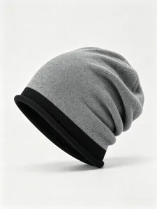 Detailed view of the winter color-block knitted beanie showcasing the soft texture.