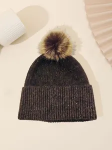 Winter knit pom pom beanie for women, warm sequin slouchy cuffed wool hat solid color cap