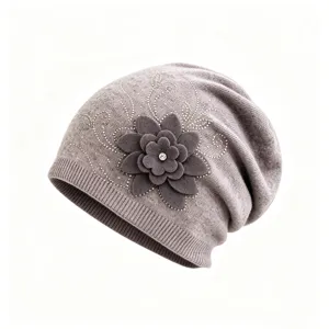 Cozy grey knit slouchy beanie hat with a 3D fabric flower and rhinestones for women winter.