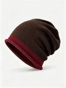 Cozy winter knit beanie with stylish contrast color rim, warm brown and red slouchy hat for daily wear.