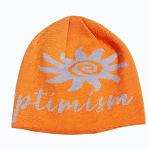 Retro sun knit beanie autumn winter warm wool hat orange streetwear casual stylish headwear