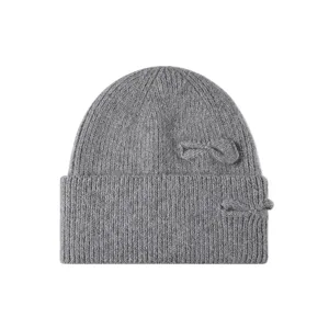 Grey knit beanie for women, winter warm rabbit hair blend fuzzy hat with cute bows.