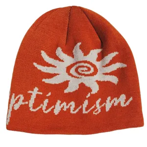 Men retro sun knitted beanie hat winter warm windproof embroidered optimism cap detail