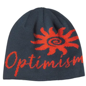 Detailed view of the dark grey knitted beanie with red sun and Optimism jacquard.