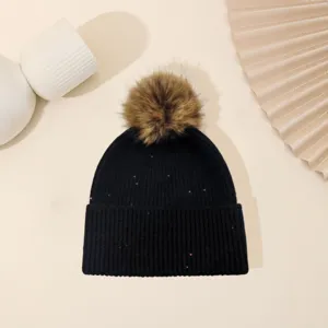 Autumn winter sequin pom pom knit beanie hat for women warm cuffed solid color winter hat