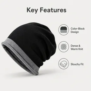 Black and grey color-block knit beanie, thick warm slouchy winter hat for men and women.