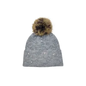 Autumn winter sequin pom pom knit hat for women casual warm cuffed beanie solid color winter hat