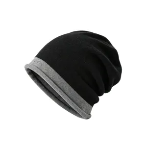 Winter warm knitted beanie hat for men and women, black with grey contrasting rolled brim.