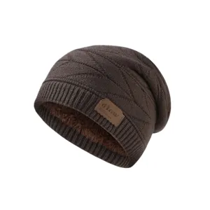 Winter knitted slouchy beanie hat for men and women, warm fleece lined brown skull cap.