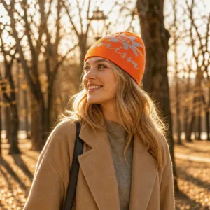 Retro autumn winter knit beanie hat with sunny flower and optimism letters for men women.