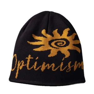 Men's vintage sun jacquard knit beanie with Optimism letter, warm autumn winter woolen hat.