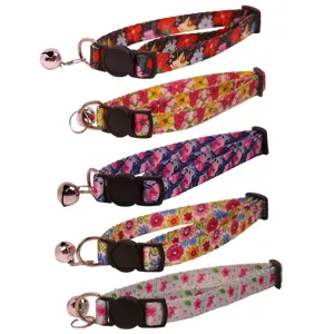 Floral Pet Collar With Safety Buckle And Bell Cute Kitten Puppy Neck Strap Adjustable Soft Nylon Pet Accessories