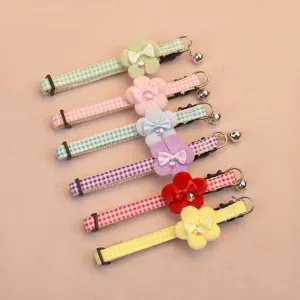 Cute Plaid Flower Pet Collar With Bow And Bell Adjustable Soft Webbing Neck Strap For Cats Small Dogs Pet Accessories