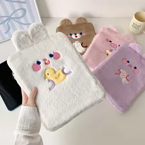 Cute plush tablet sleeve with cartoon embroidery and soft furry material for 10.5 11 inch iPad case.