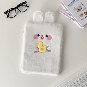 Fluffy cute tablet sleeve white plush ipad case with cute bunny ears and embroidery design.