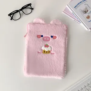 Pink cute plush tablet sleeve with fluffy ears and sweet embroidery for 10.5 to 11 inch iPads.