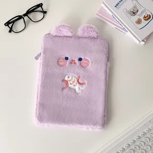 Cute plush tablet sleeve for iPad 10.5 11 inch, soft furry inner bag with lovely embroidery.