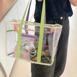 Large capacity clear PVC beach tote bag, waterproof transparent bag for outdoor swimming and travel use.