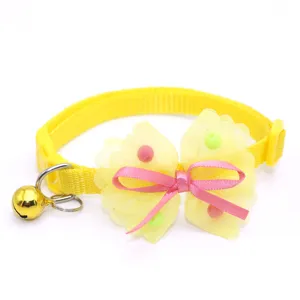 Cute pet bow collar with golden bell, bright yellow nylon strap for small cats and dogs.