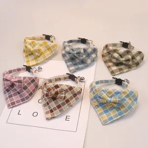 Cute Plaid Pet Triangle Scarf Cotton Blend Adjustable Collar With Bowknot And Bell For Cats And Small Dogs