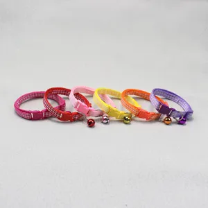 Colorful plaid pet collar with bell, adjustable fabric dog cat neck strap accessories.