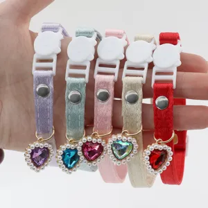 Cute satin pet cat collar with pearl heart crystal pendant and safety buckle, 5 colors.