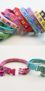 Colorful cartoon pet collar for dogs and cats with cute print, quick release buckle, and bell.