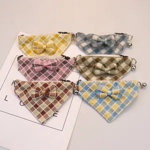 Cute plaid pet bandana collar with bow and bell, soft cotton polyester cat dog triangle scarf bibs.