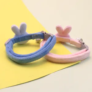Cute plush rabbit ear pet collar with a small bell, soft velvet neck strap for small cats and dogs.