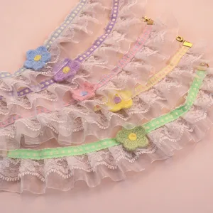 Cute lace ruffled pet collar with handmade knitted flowers, sweet style cat and dog neck accessories.