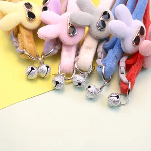 Cute plush rabbit pet collar with bell and sunglasses for small cats and dogs, soft and colorful.