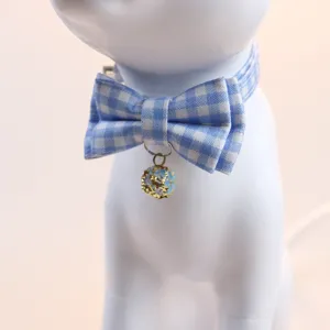 Blue and white gingham pet bow tie collar with a cute bell, perfect for cats and small dogs.