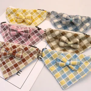 Cute pet plaid bandana with bow and bell, soft polyester cotton cat dog bib collar accessory.