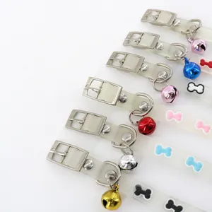 Luminous glow in the dark pet cat dog collar with cute bell and bone charms, safe and stylish.