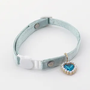 Light blue satin pet collar with cute heart diamond pendant and white cat buckle
