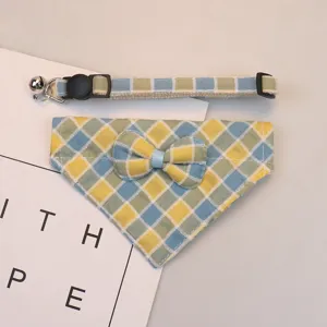 Cute plaid pet collar and bandana set with bell, adjustable strap, soft polyester for cats and dogs.