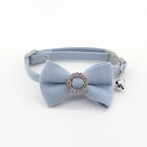 Light blue fabric pet collar with rhinestone bow and bell for cute cats and small dogs detail