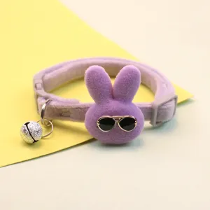 Purple plush pet cat dog collar with cute rabbit head sunglasses and silver bell.