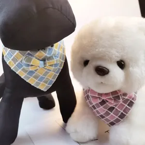 Cute pet saliva towel, plaid cat and dog bib with bow, polyester-cotton triangle scarf collar.