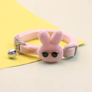 Cute plush rabbit pet collar with bell and sunglasses charm, soft cat and dog neck strap.