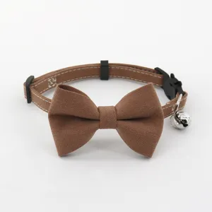 Brown pet cat dog collar with retro bowknot and cute metal bell adjustable safety strap detail