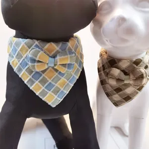 Cute plaid pet bandana with bow tie, comfortable polyester cotton bib collar for cats and dogs.