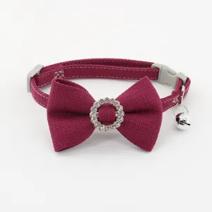 Burgundy rhinestone bow cat collar with bell, elegant pet necklace for small dogs.