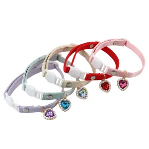 Satin pet collar with pearl heart crystal pendant, cute adjustable necklace for cats and small dogs.