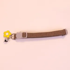 Cute brown corduroy pet collar with yellow flower bell and cat buckle for cat and dog.