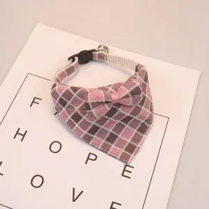 Cute plaid pet bandana with bowknot and bell, soft cotton cat dog collar for daily wear.