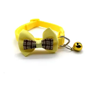 Cute yellow pet collar with double bow and gold bell for cats and small dogs main view