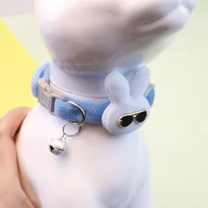 Cute blue plush pet collar with rabbit decor and bell for small dogs and cats.