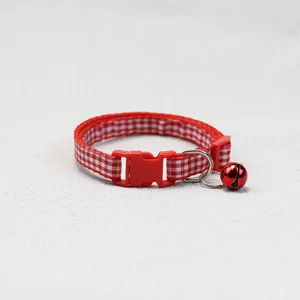 Red and white checkered pet collar with quick release buckle and cute bell for cats dogs.